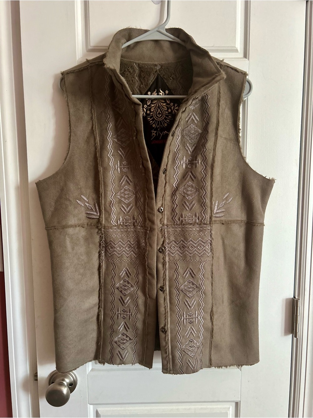 Vintage Johnny Was Biya Embroidered Faux Suede Shearling Vest Medium